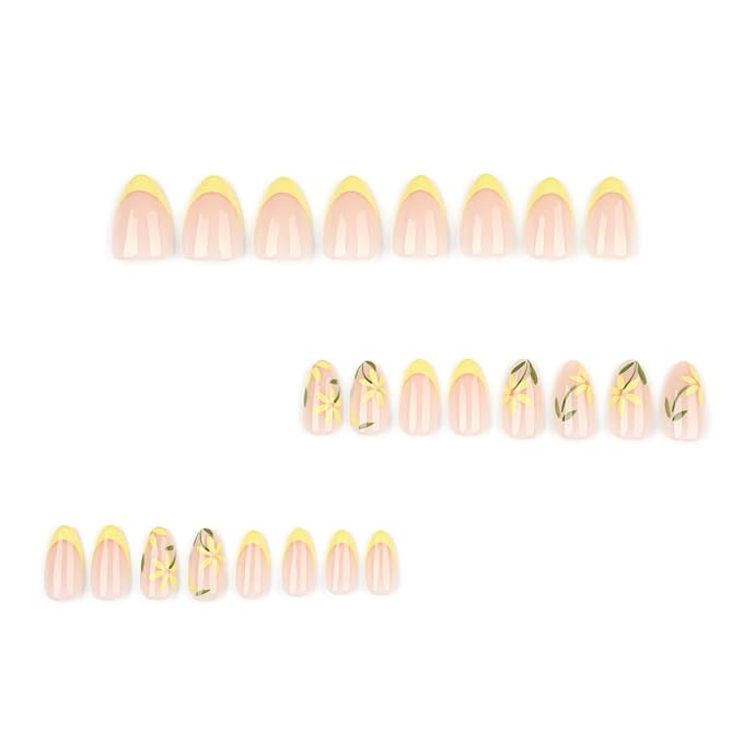 Nude Fake Nails with Yellow French Tip and Hand-Painted Floral Design, Glossy Gel Finish Acrylic Nails Kit for Women, 24 Pcs