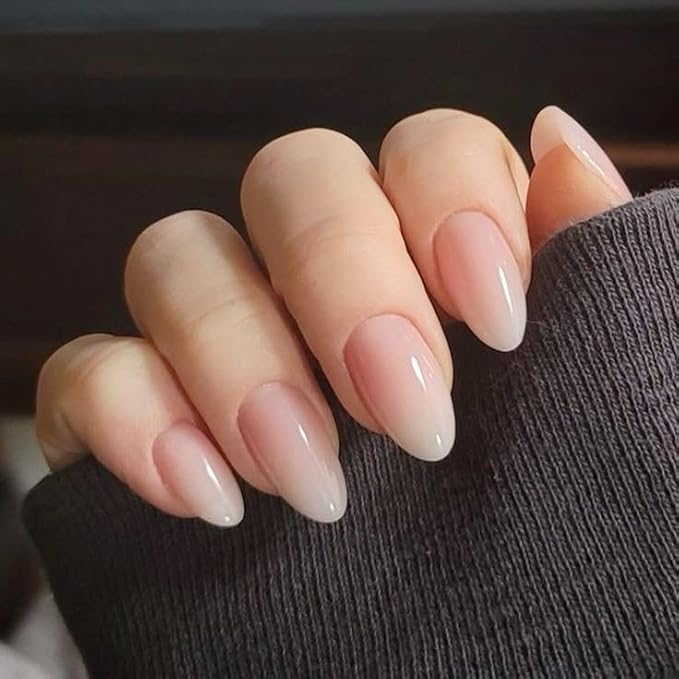 UNA GELLA Press On Nails Short Almond: Ombre Soft Gel Press Ons Kit with Nail Tips Glue on Nails, 16 Sizes - 32 Reusable Fake Nails, Pink Cream