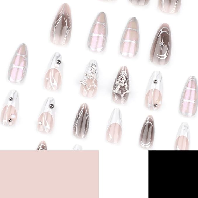 White French Tip Press on Nails Medium Almond False Nails with 3D Star Rhinestones Designs Silver Flame Fake Nais Black Ombre Acrylic Nails Full Cover Glue on Nail for Women Girls Manicure 24Pcs