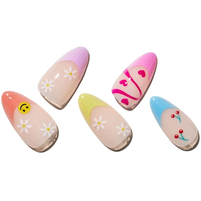 GLAMERMAID Light Colorful Rainbow Press on Nails Medium Almond, Tie Dye Jelly Soft Gel False Nals, Stiletto Glue on Nails Kit for Women, Reusable Short Oval Stick on Acrylic Fake Nails Manicure Set