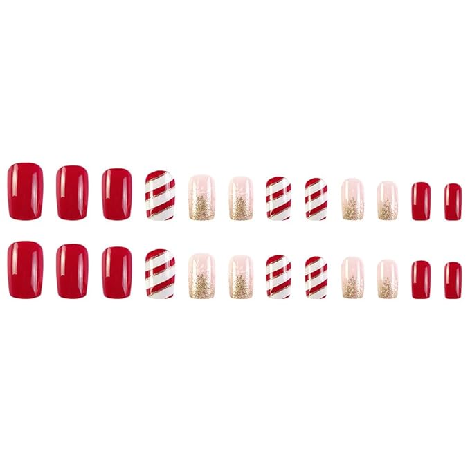 24Pcs Medium Press on Nails Square Christmas Fake Nails White Snowflakes Full Cover False Nails with Golden Glitter Powder Design Acrylic Nails Reusable Stick On Nails For Women and Girls