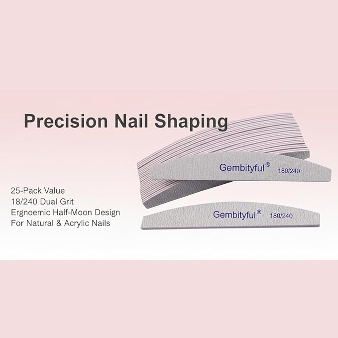 25 Pcs Thick Nail File 180/240 Grit Semicircle Shape, Emery Boards Nail File for Natural Nails and Acrylic Nails, Double Sided Boards Profesional for Home and Salon
