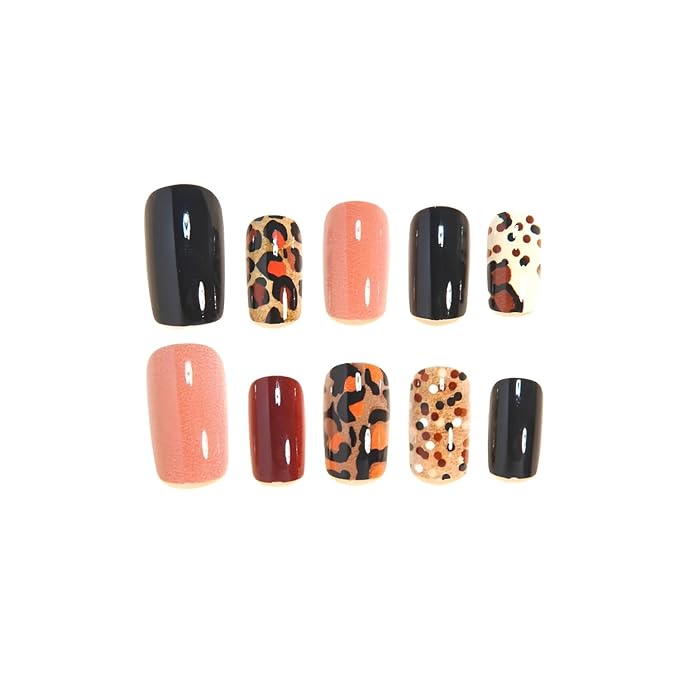 Leopard Print Press on Nails Medium Square Fake Nails Brown Glossy Stick on Nail Glitter Nails Press Ons Fall False Nails Acrylic DIY Glue on Nail for Women and Girls Decoration Set 24Pcs