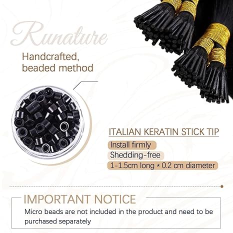 RUNATURE I Tip Hair Extensions Human Hair, Jet Black Pre Bonded Itip Hair Extensions for Women Real Hair, Add Hair Volume, Can Be Curled, Easy to Maintain, 16 Inch 50G 100 Strands #1