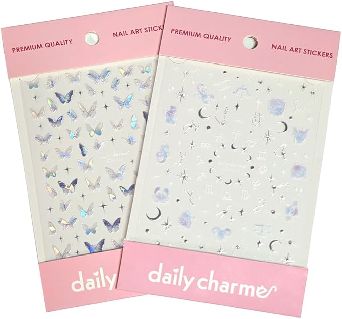 Daily Charme Celestial Bejeweled Holographic Self-Adhesive Nail Art Decal Sticker Bundle Moon Star Unicorn Zodiac Nail Art Designs for Women DIY Nail Decorations