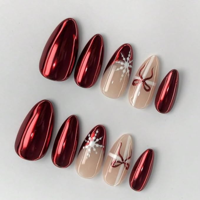 Press On Nails - Handmade Medium Length Almond False Nails, Valentine's Day 10Pcs Red Cute 3D Painting Bows Art Desigen, Reusable Winter press ons (Size M)