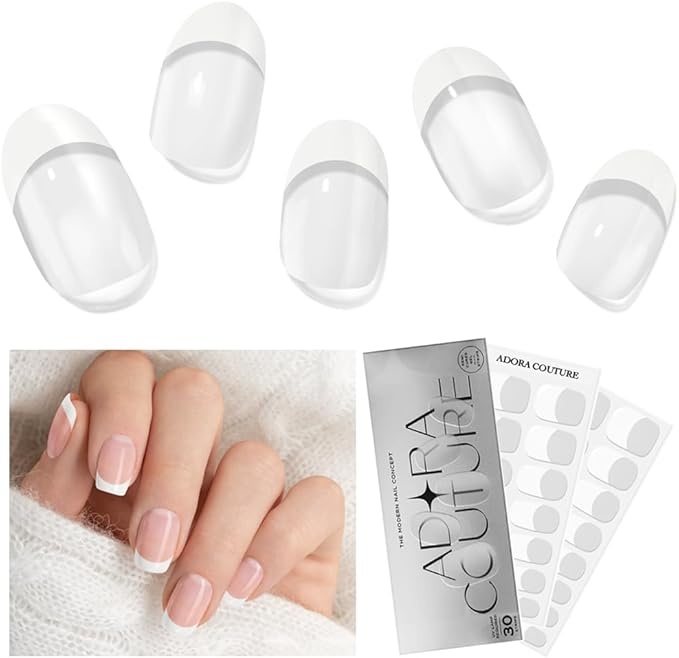 Semi Cured Gel Nail Strips with 30 Pieces - UV Gel Stickers, Manicure Kit, Easy Application Wraps Includes Prep Pads, Nail File, Wooden Stick - UV Light Required (White French 2B)