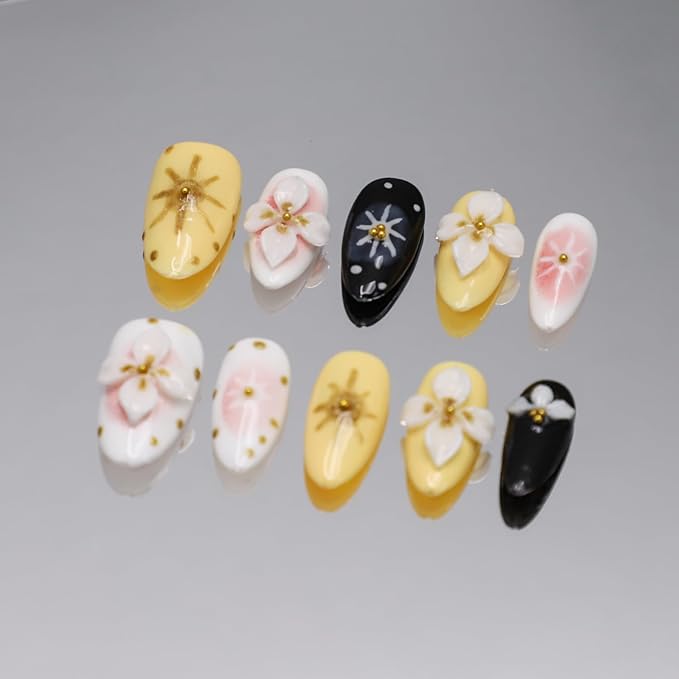 Handmade Almond Acrylic Press-On Nails, 10 Pieces (5 Sizes) with Glue, 3D Flower Art Designs, Gold Glitter Tips, Full Cover, Salon-Quality, Reusable, 24 Pack