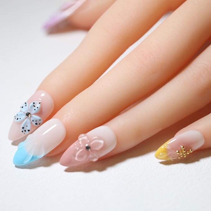 10PCS Luxury Handmade Press On Nails Nude Gradient Cat's Eye with Pearl Bow & Sparkling Rhinestones for Wedding & Party Reusable Almond Fake Nails Design Gift For Women and Girls (L02, M)