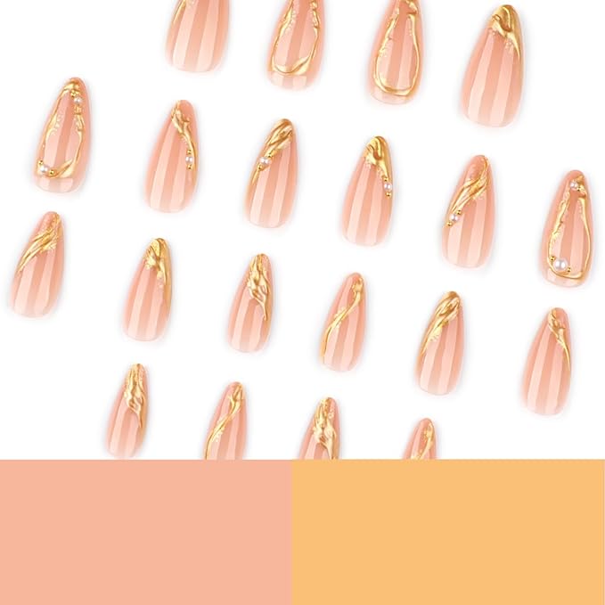 Almond Press on Nails Gold Drip Chrome Fake Nails Medium False Nails Press ons with Golden Line Design Reusable Artificial Nail Full Cover Glossy Glue on Nail Stick on Nails for Women Manicure 24 Pcs