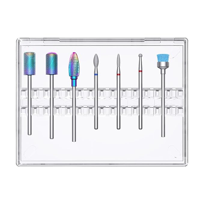 7Pcs Nail Drill Bits Set for Acrylic Nails - Tungsten Carbide & Diamond Cuticle Bits with Safety Round Top, 3/32" Professional Nail Tech Kit for Gel Removal, Beginner Friendly Manicure Pedicure Tools