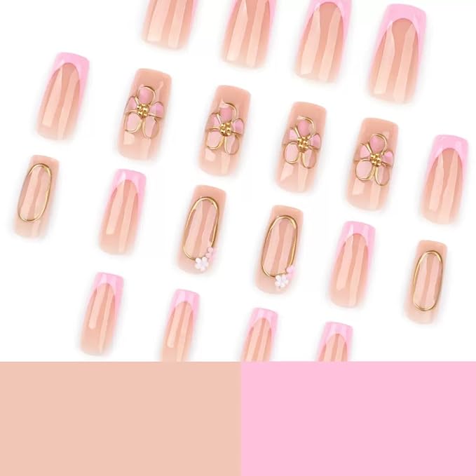 Medium Press on Nails Square - Pink French Tip Fake Nails - Flower, Gold Line Design False Nails Press ons - for Women 24 Pcs