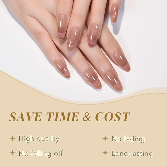 Cat Eye Nude Smile Press On Nails Medium Almond, Designer Reusable Acrylic Fake Nails with Glue, Glossy Soft Gel Nails Wedding and Party, Stick On Glue On Nails, Nails Press Ons for Women