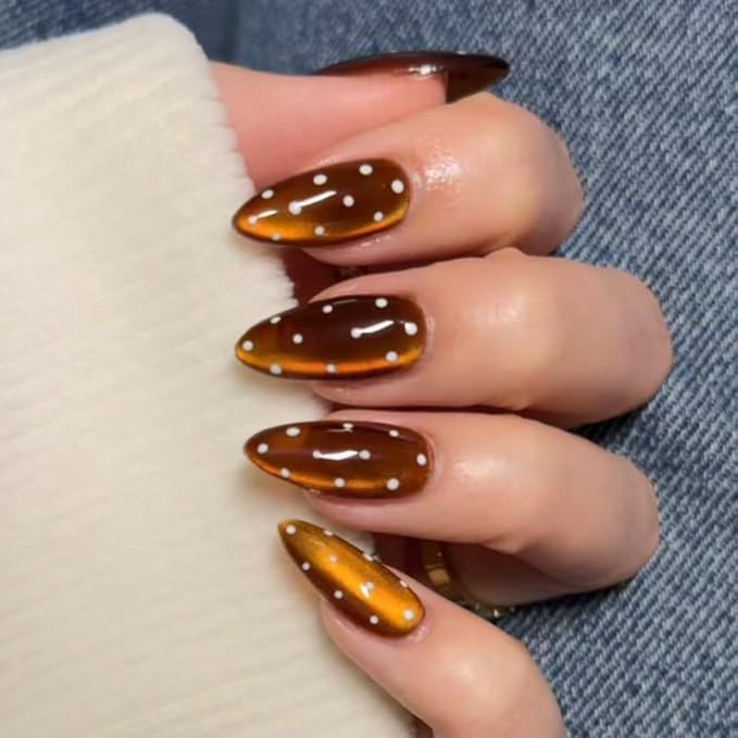 Brown Cat Eye Polka Press On Nails Medium Almond, Salon-Quality Acrylic Fake Nails, Stylish Design, Reusable Stick-Ons, Spring Summer DIY Nail Art Kit for Women | Daily/Party Gift 12/24 Pcs