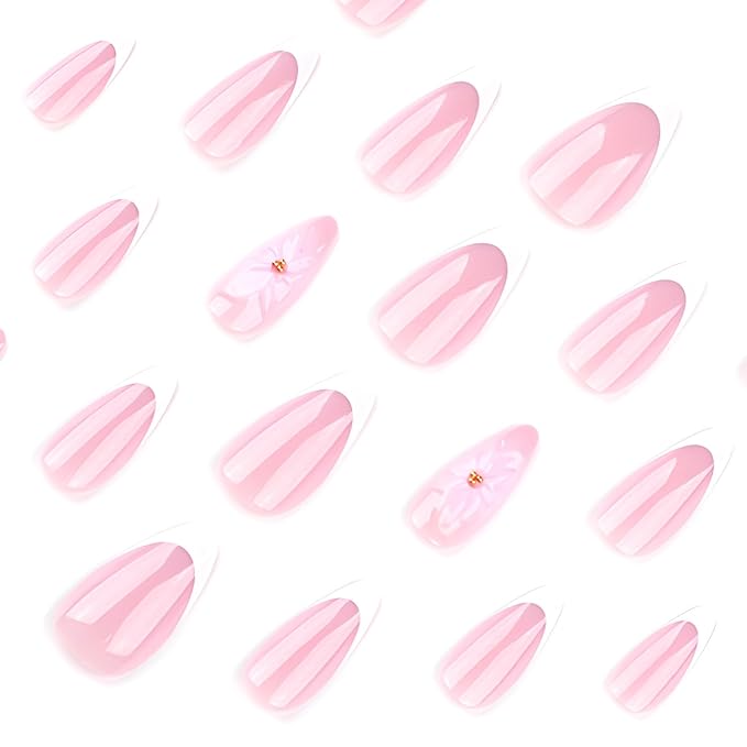 White French Tip Fake Nails Medium Almond Press on Nails 3D Flower Nails Press Ons with Rhinestones Design Glossy False Nails Glitter Glue on Nail Acrylic Stick on Nail for Women 24Pcs