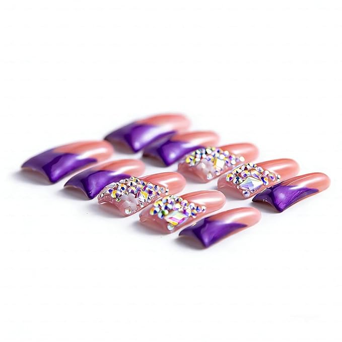 10 Pieces Handmade Luxury Metallic Electric Purple Shimmer With AB Crystal Shine Long Press On Nails With Bling Rhinestones And Y2K Princess Vibes, Reusable Acrylic Nails (L)