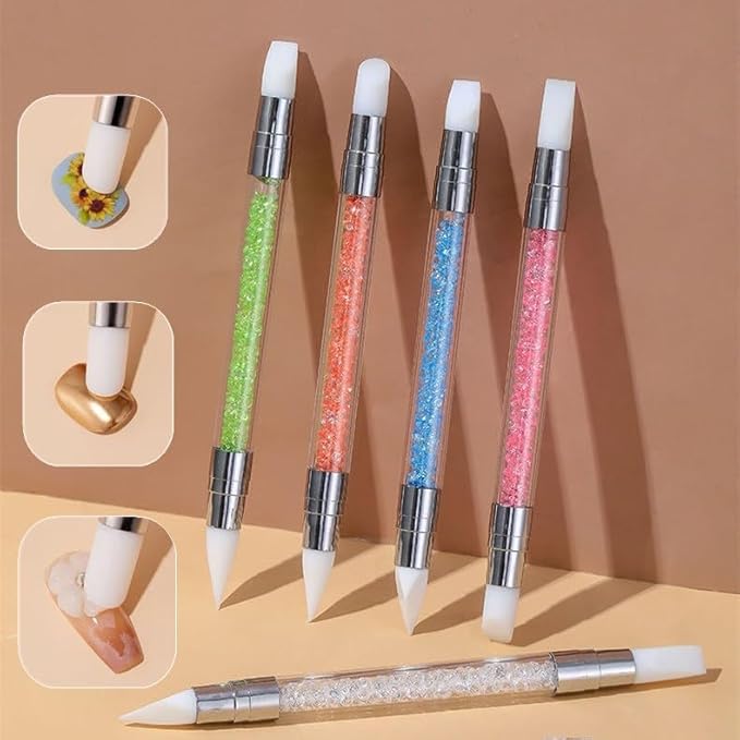 5PCS Dual Tipped Nail Art Sculpture Pen with 3PCS Nail Painting Brushes, Silicone Nail Polish Brushes Carving Drawing Tool, Acrylic Rhinestone Handle, Nail Art Design Tools