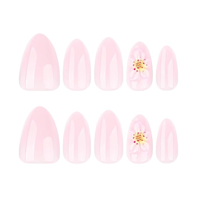 Light Pink Short Press On Nails Almond, Cute Fake Nails with 3D Floral Blossom Detail, Glossy Gel Finish Acrylic Nails, Thick Reusable Glue On Nails Kit for Women, 24Pcs