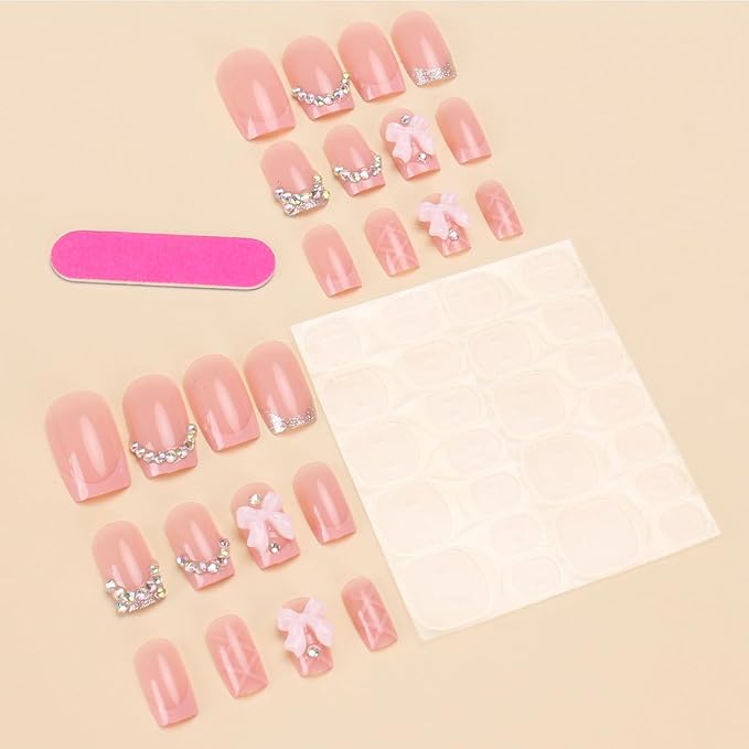 24Pcs Pink Bow Press on Nails Short Square Fake Nails French Tip Full Cover Glue on Nails with 3D Rhinestone Charms Design Bling Cute False Nails Glossy Acrylic Stick on Nails for Women Girls