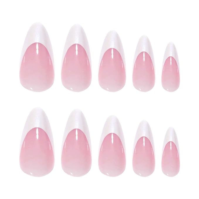 French Tip Press on Nails Medium Almond Fake Nails Press ons with Subtle Aurora Designs White Deep French Tip Reusable Acrylic Nails Full Cover Artificial Stick on Nails for Women Manicure 24Pcs