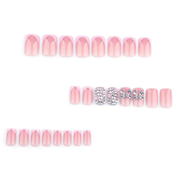 French Tip Press On Nails Short Square Pink Fake Nails False Nails with Designs Rhinestones Gold Bow Charms Flower Glossy Glue On Acrylic Nails 24 Pcs