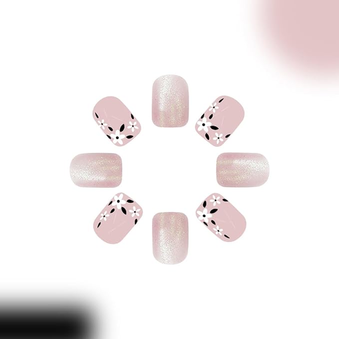 Flower Press on Nails Spring Fake Nails Short Square False Nails Press ons with Floral Designs Pink Acrylic Nails Full Cover Glue on Nails Artificial Stick on Nails for Women Manicure 24Pcs