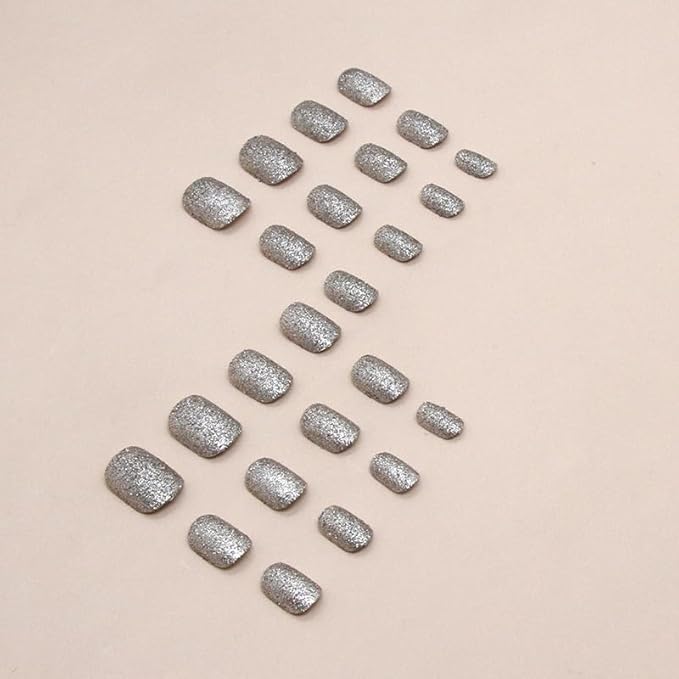 Silver Shiny Glitter Press on Nails Short Square Fake Nails Blasting Designs False Nails Shiny Full Cover Glossy Reusable acrylic Stick on Nails for Women Girls Light Luxury Manicure Decoration 24Pcs