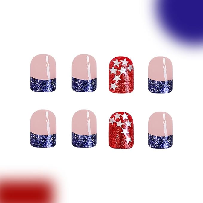 CurvLife Short Press On Nails - Independence Day Design Glossy Acrylic Stick On False Nails for Women