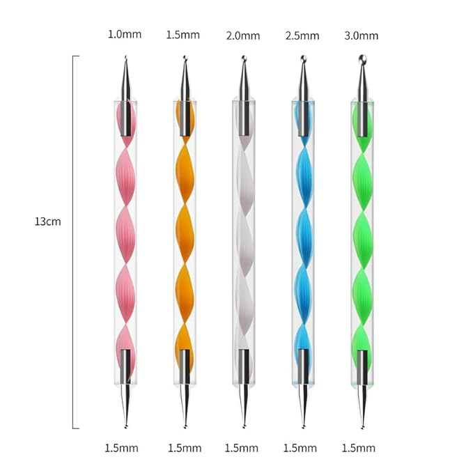 Nail Dotting Tools Kit - 10 Pcs, 5 Double-end Tools, 5 Nail Liner Brushes