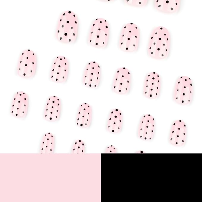 Polka Dot Press on Nails Medium Oval Fake Nails Light Pink False Nails Press ons with Black Dots Design,Reusable Artificial Nail,Full Cover Glossy Glue on Nail Stick on Nails for Women Manicure 24Pcs