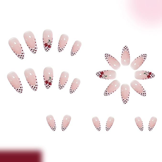 White French Tip Press on Nails Medium Almond MABKJLF Fake Nails False Nails with Red Polka Dots Cherry Designs Glossy Glue on Nail Full Cover Acrylic Nails for Women Girls 24Pcs