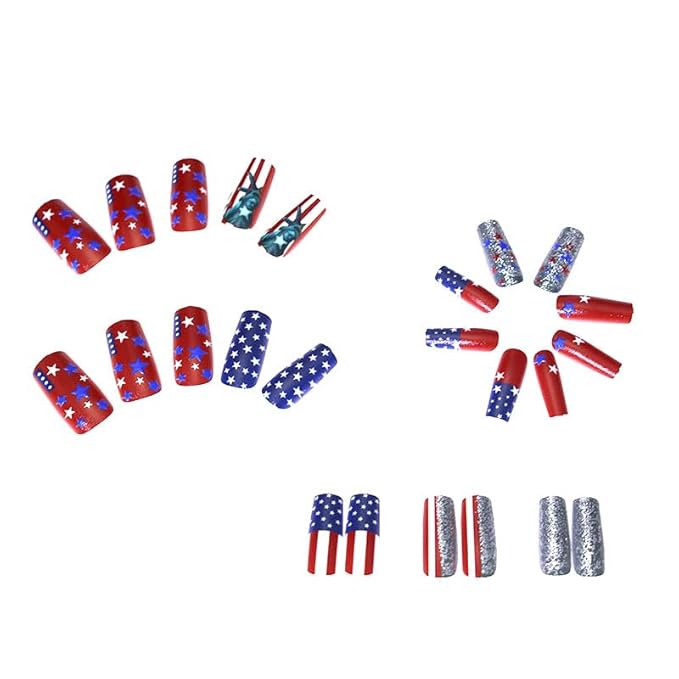 Independence Day Press on Nails Medium Square Fake Nails with Sliver Glitter Designs 3D Star Red Whiter Stripe False Nails Full Cover Glossy Stick on Nails Independence Glue on Nails 24Pcs