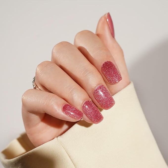 Semi Cured Gel Nail Strips 20 Pcs Pink Red Cat Eye Gel Nail Wraps, Stickers, UV Light Required Nail Art Design Decoration Accessories