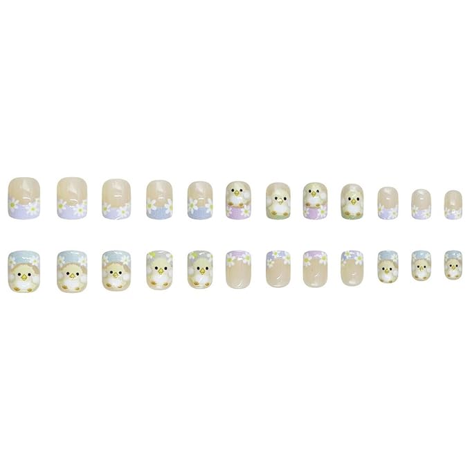 Easter Press on Nails Short Square Fake Nails with Cute Chick & Flower Design Pink French Tip False Nail Easter Spring Artificial Nails Full Cover Stick on Nail for Women Manicure Decoration 24 Pcs