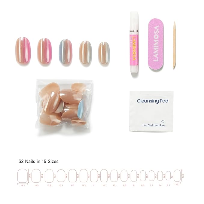 LAMIMOSA 32Pcs Ombre Chrome Press On Nails Short Round - Soft Gel Fake Nails in 16 Sizes, Reusable Glue on Nails kit, ROMAN SUNRISE