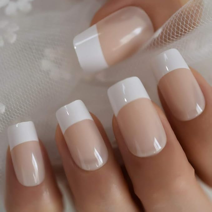 Fake Nails Medium Size Square Squoval Shape Predesigned Press on Nail (Nude French Nails)