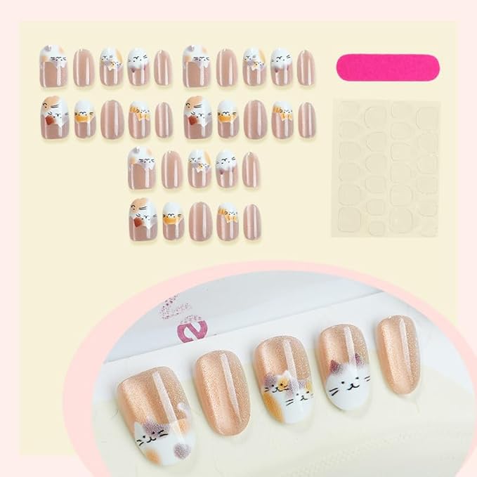 Cute Cat Press On Nails - Glitter Beige Kawaii Animal Fake Nails | Reusable Adhesive Art Manicure Kit (30 Pcs, Note: Slightly Smaller Size)