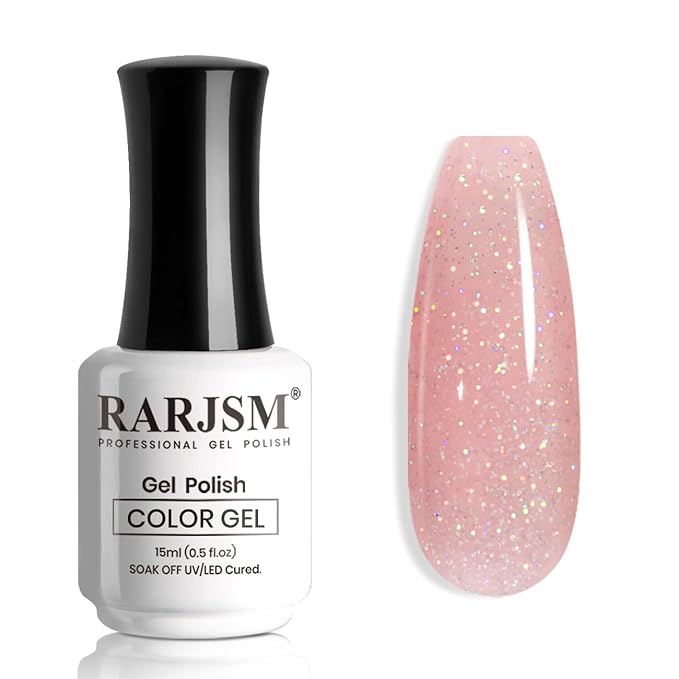 RARJSM Nail Polish Nude Glitter Rose Pink Jelly Shimmery Iridescent Rainbow Pigments Sparkly Red Pink Translucent Natural Gel Polish Soak off UV LED Cured 15ml Single Bottle