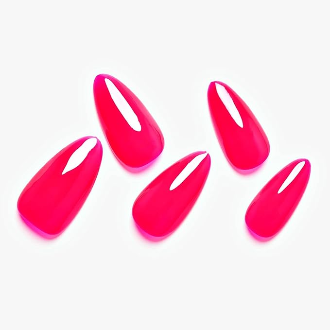 GLAMERMAID Hot Pink Press on Nails Medium Almond, Rose Red Handmade Jelly Soft Gel Pure Glue on Nails Stiletto, Summer Spring Fake Nails Short Oval, Reusable Acrylic Stick on False Nails Kit for Women