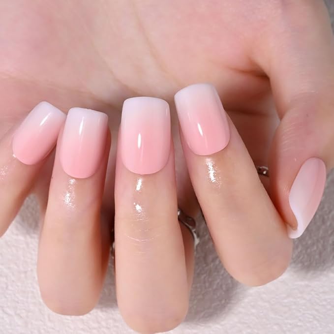 Pink White Ombre Press on Nails, Short Square Acrylic Fake Nails Design, Natural Reusable Nails Kit for Women DIY False Nail Art Decoration Gift, Salon Quality Reusable 15/30 Pcs
