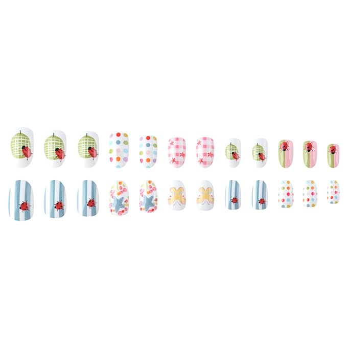 Medium Oval Press on Nails Spring Summer Fake Nails Cute Nails Press ons with Polka Dots Stripe Stars Design,Reusable & Easy Apply Full Cover Stick on Nails for Women Manicure 24Pcs