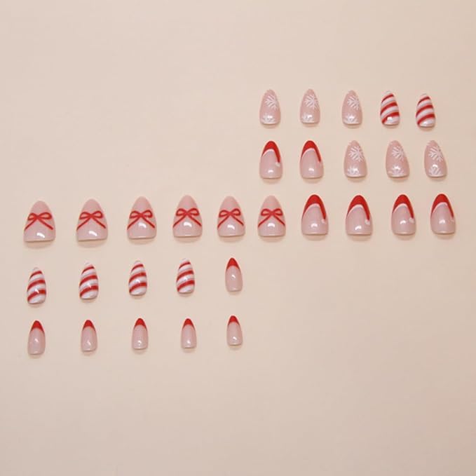 Christmas Nails Press On, Short Almond Press On Nails Red French Fake Nails With Bow Stripes Designs Acrylic Artificial Glue On False Nail Press Ons Stick On Nail for Women Girls