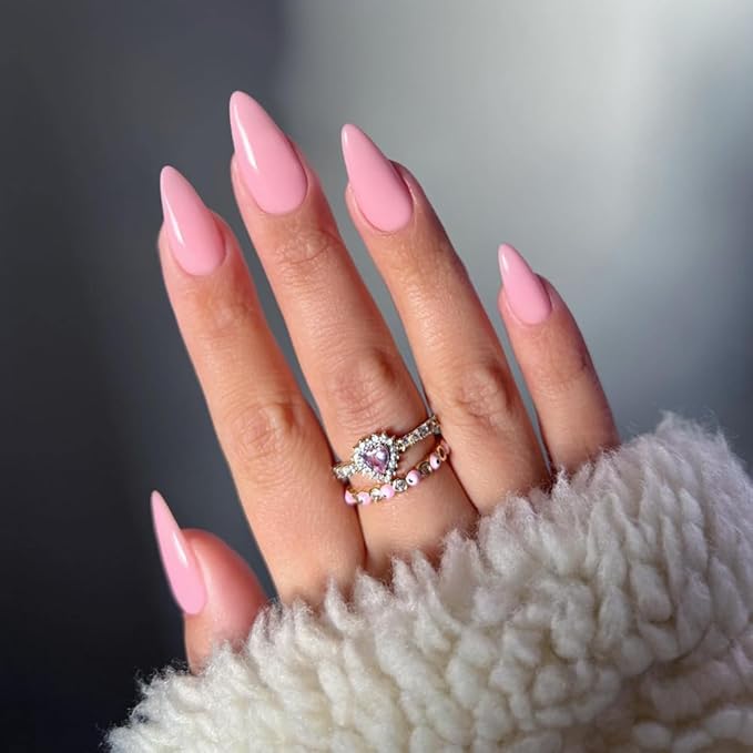 Baby Pink Press on Nails Almond Shaped 48Pcs Neutral Thick Fake Nails for Women, Medium Almond Nails Press on Reusable Acrylic Nails Glue on Medium Length Stiletto False Nails Gel Artificial Nails