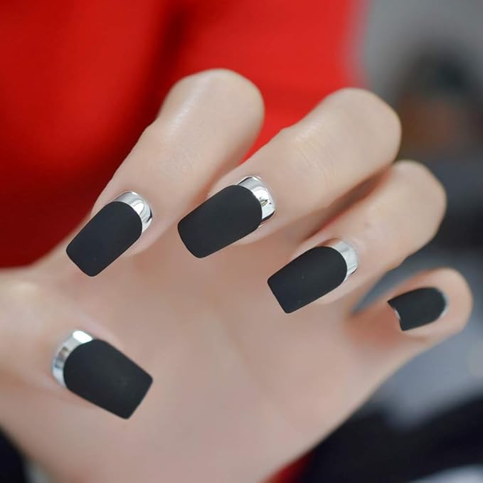 Matte Square Fake Nails Medium Long Size French Moo Nail Silver Metallic ABS Fingernails 24 count