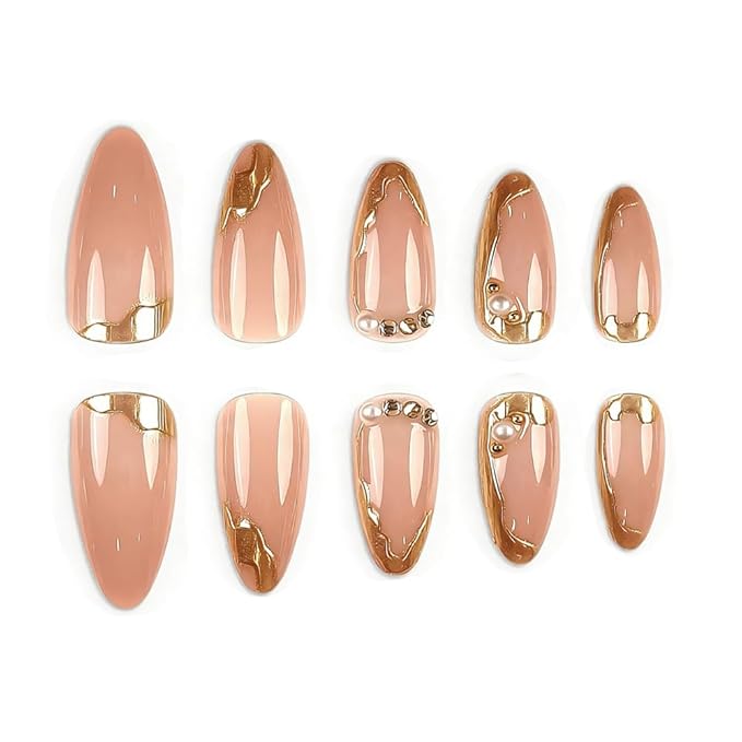 Gold Press on Nails French Tip Fake Nails Almond Medium False Nails Press Ons Pearl Glossy Full Cover Acrylic Glue on Nail Artificial Stick on Nail or Women Manicure 24Pcs
