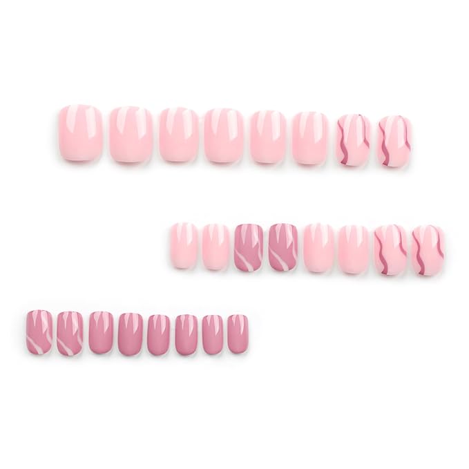 Square Press On Nails - Pink False Nails with Line Design, Glossy Full Cover, Reusable Artificial Nails for Women's Manicure, 24 Pcs