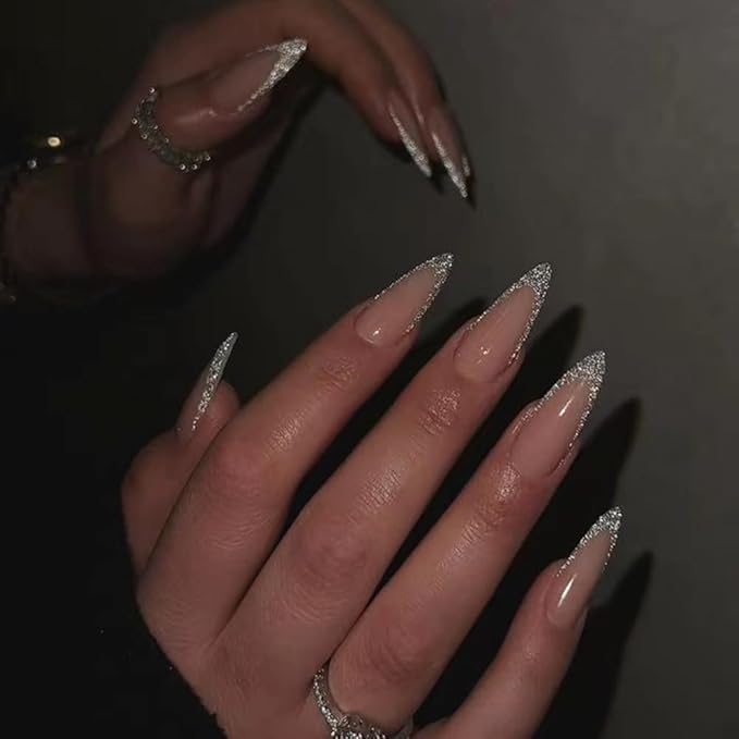 Silver French Tips Fake Nails Long Almond Press on Nails with Sparkly Design, Glossy Glitter False Nails Gel Glue on Nails, Shine French Manicure Art Acrylic Nails Stick on Nails for Women Girls 24Pcs