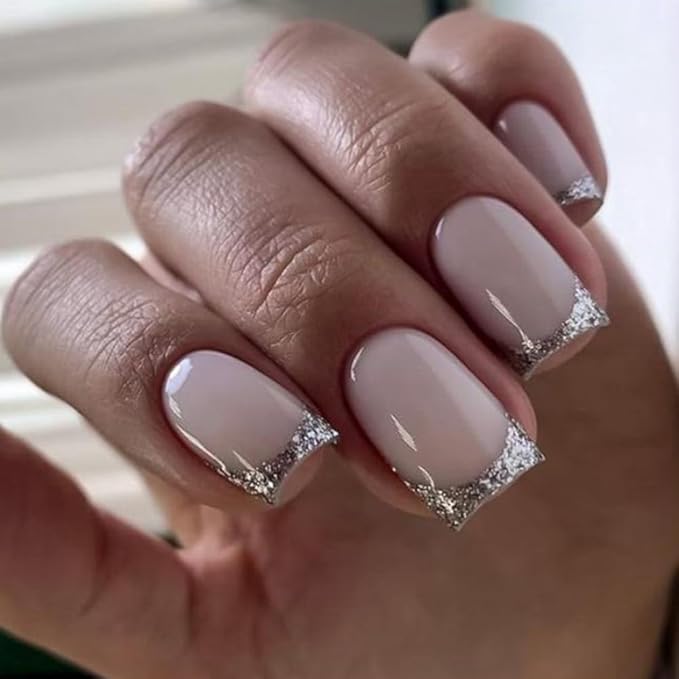 Press on Nails Square - Silver French Tip Fake Nails - Glossy Glitter Full Cover Stick on False Nails - for Women 24 Pcs