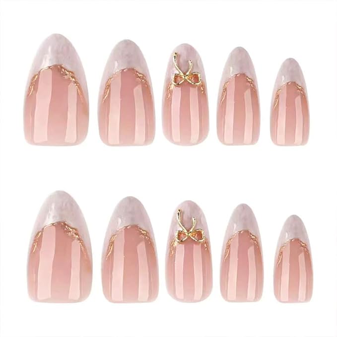 Bow Press on Nails - Almond Fake Nails - French Tip False Nails Press ons - Medium 3D Gold Acrylic Glossy - Cute Glue on Nails - for Women Artificial Stick on Nail 24 Pcs