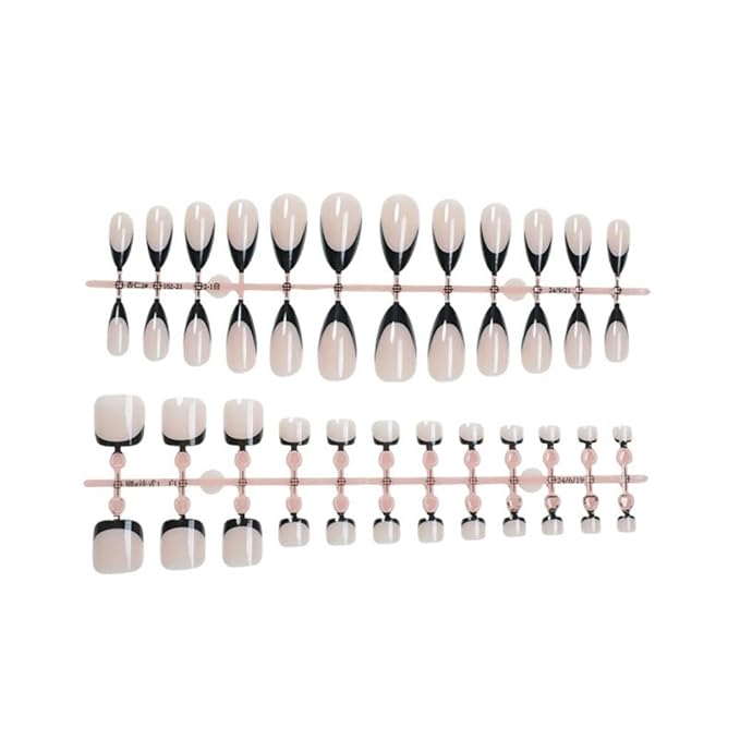 48Pcs Black French Tips Press on Toenails Light Pink Press on Nails Medium Almond Fake Nails with Designs Full Cover SkinTones False Toenails Glossy Summer False Nails for Women Girls DIY Manicure
